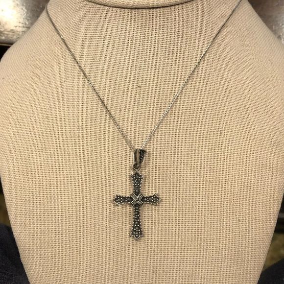 Vintage Marcasite Sterling Silver Cross On Box Chain Necklace 20” - Picture 1 of 7